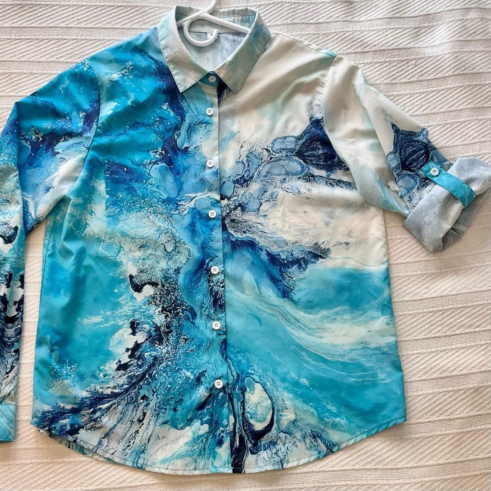 Unisex Blue Marble Water Swirls surf Splash Adjustable Sleeve Shirt - Picture 2 of 8